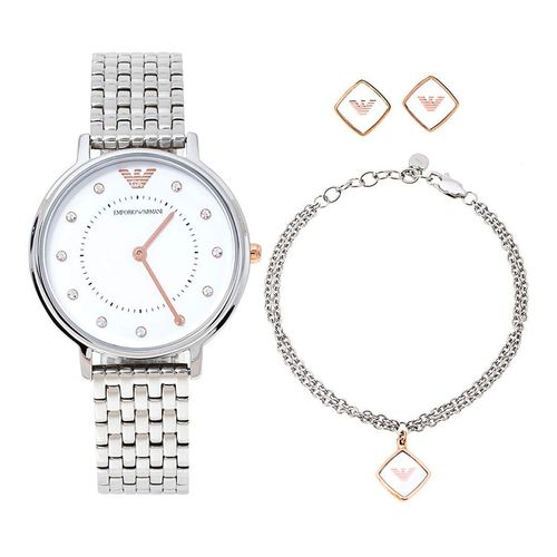Set Đồng Hồ Nữ Emporio Armani Quartz Diamond White Dial Ladies Watch AR80023 Màu Bạc