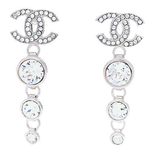 Khuyên Tai Nữ Chanel Silver Crystal Cc Drop Dangle Earrings Màu Bạc