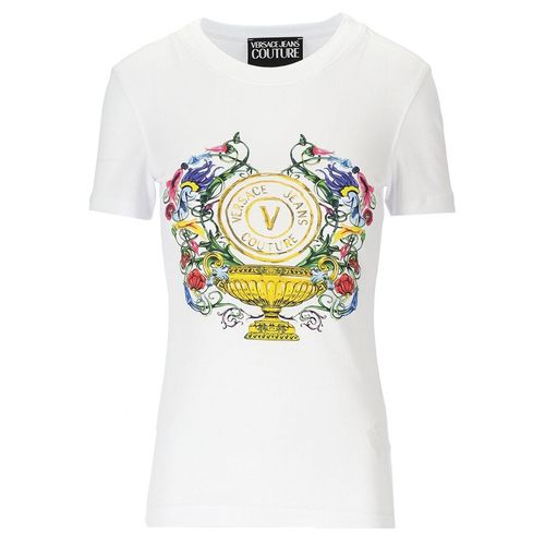 Áo Phông Nữ Versace Jean Couture White With Logo V-Emblem Garden Printed Tshirt 74HAHF01 CJ07F G03 Màu Trắng