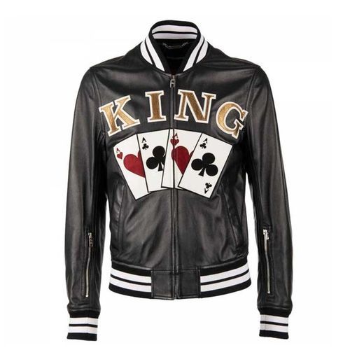 Áo Khoác Dolce & Gabbana Playing Cards King Embroidered Bomber Leather Jacket Size 48
